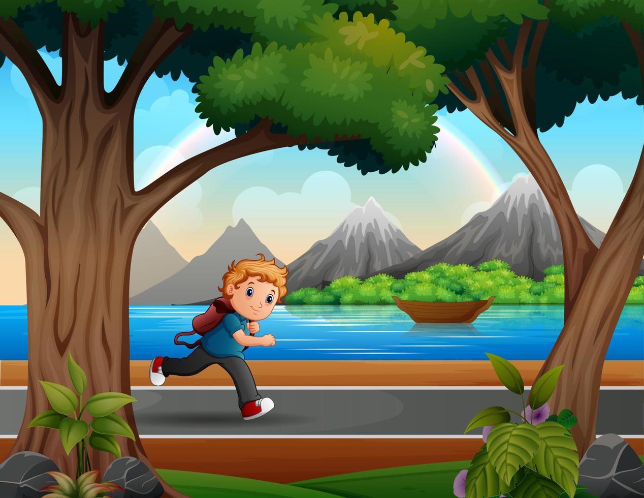 Illustration of a boy running on the road vector