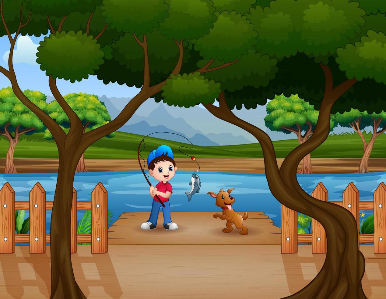 Happy boy fishing on the wooden pier vector