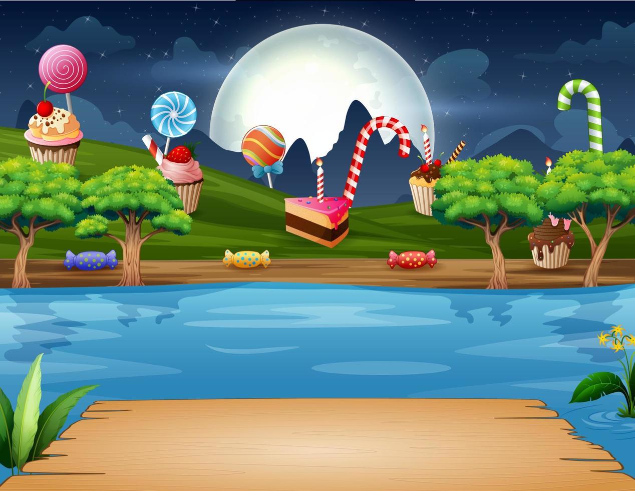 Illustration of sweet land on the riverside at night landscape vector