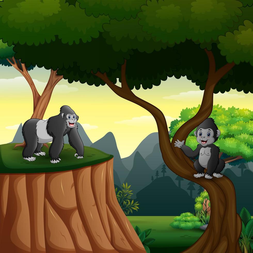 Happy gorilla mother with her baby playing in the forest vector