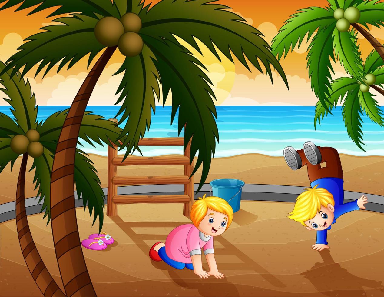 Happy people playing in playground near the beach vector
