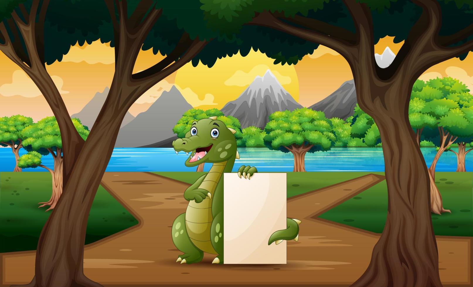 Cartoon a crocodile holding blank sign in the middle of road vector