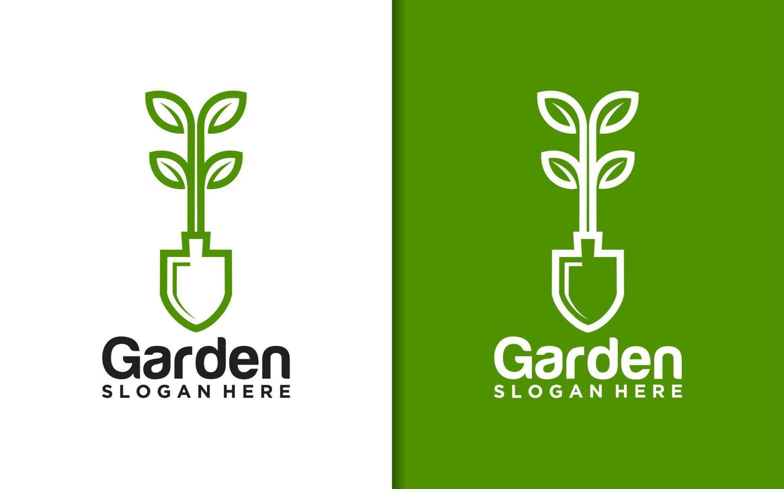 Shovel scoop with leaf plant line garden plantation culitivation farm logo design vector