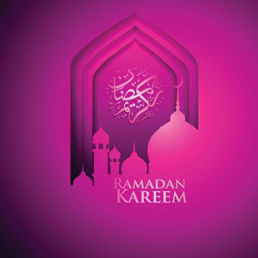 diseño lujoso y elegante ramadan kareem con caligrafía árabe, linterna tradicional y mezquita de puerta colorida de gradación para saludo islámico vector