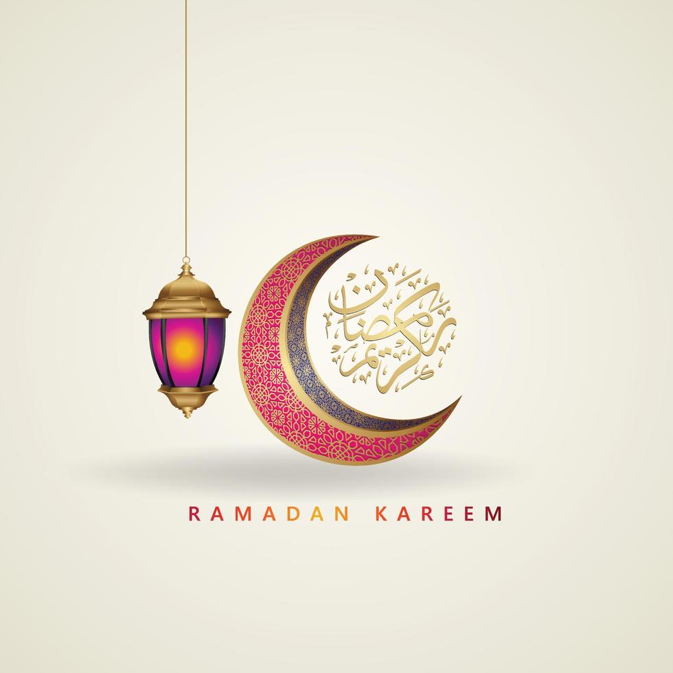 Luxurious design ramadan kareem with arabic calligraphy, crescent moon, traditional lantern and mosque pattern texture islamic background. Vector illustration.