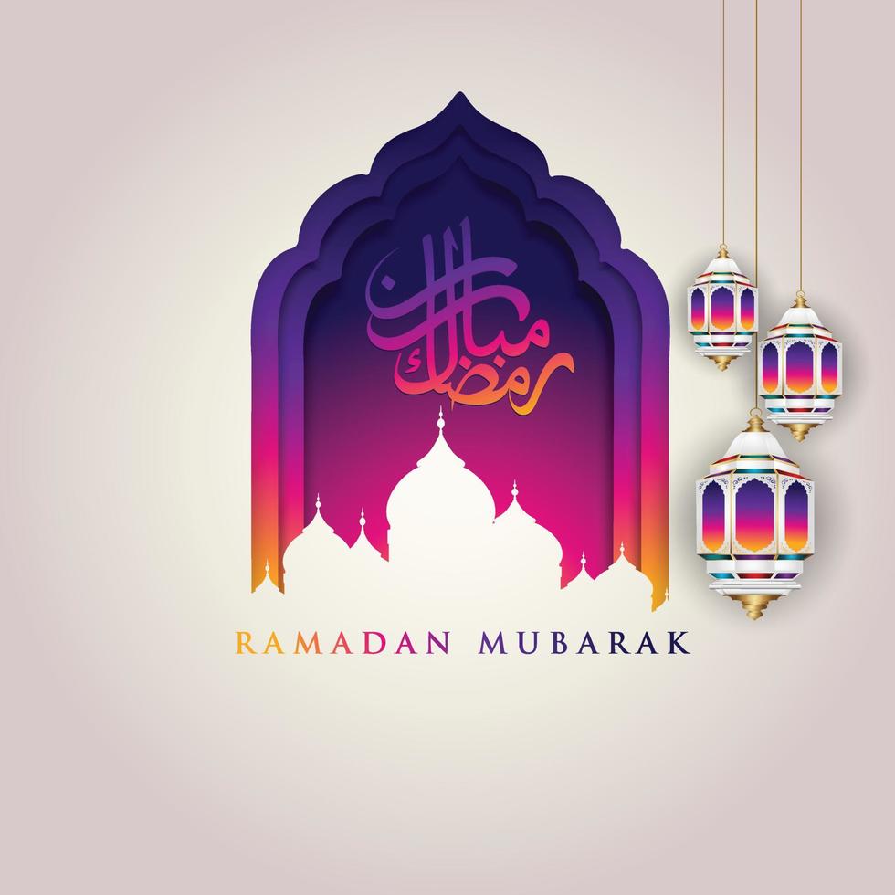 diseño lujoso y elegante ramadan kareem con caligrafía árabe, linterna tradicional y mezquita de puerta colorida de gradación para saludo islámico vector