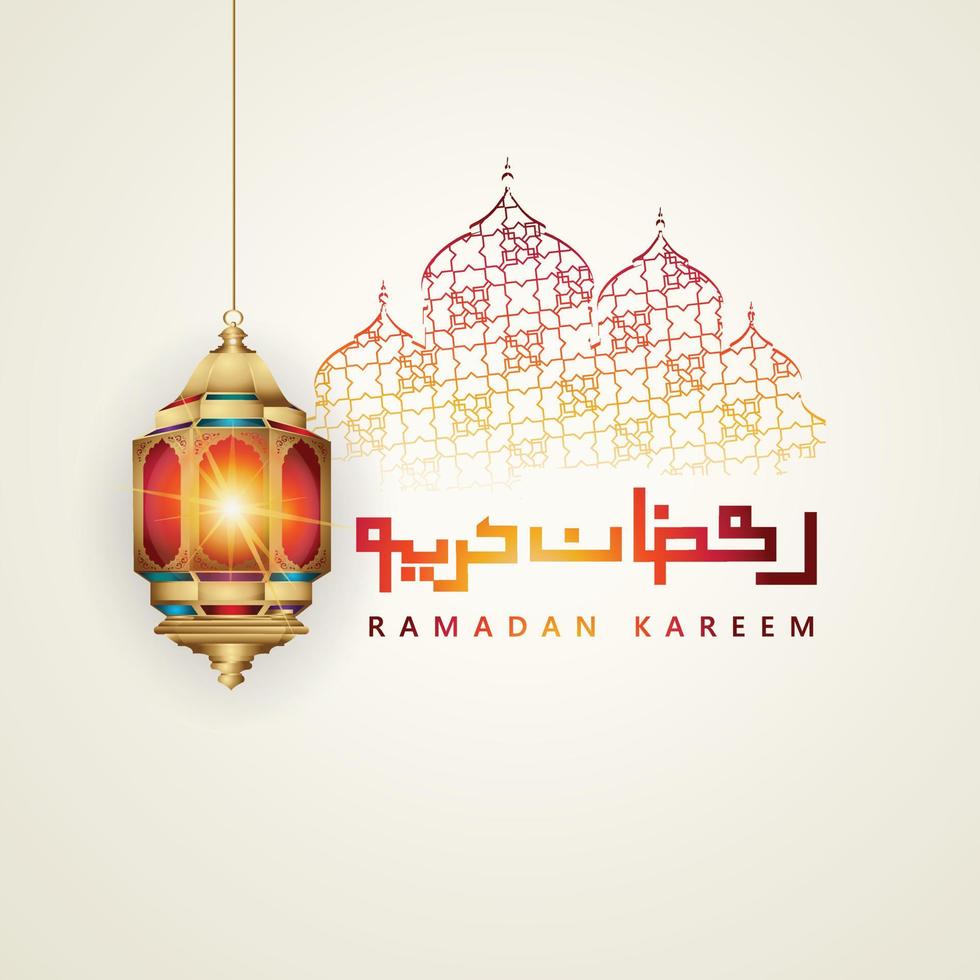 diseño lujoso ramadan kareem con caligrafía árabe, luna creciente, linterna tradicional y fondo islámico de textura de patrón de mezquita. ilustración vectorial vector