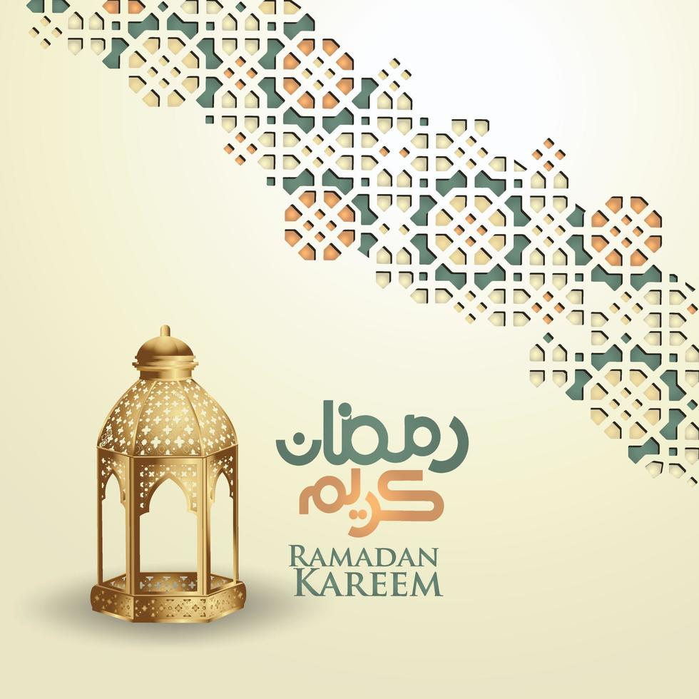 Luxurious design ramadan kareem with arabic calligraphy, crescent moon, traditional lantern and mosque pattern texture islamic background. Vector illustration.