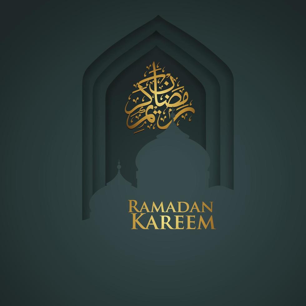 diseño lujoso y elegante ramadan kareem con caligrafía árabe, linterna tradicional y mezquita de puerta colorida de gradación para saludo islámico vector