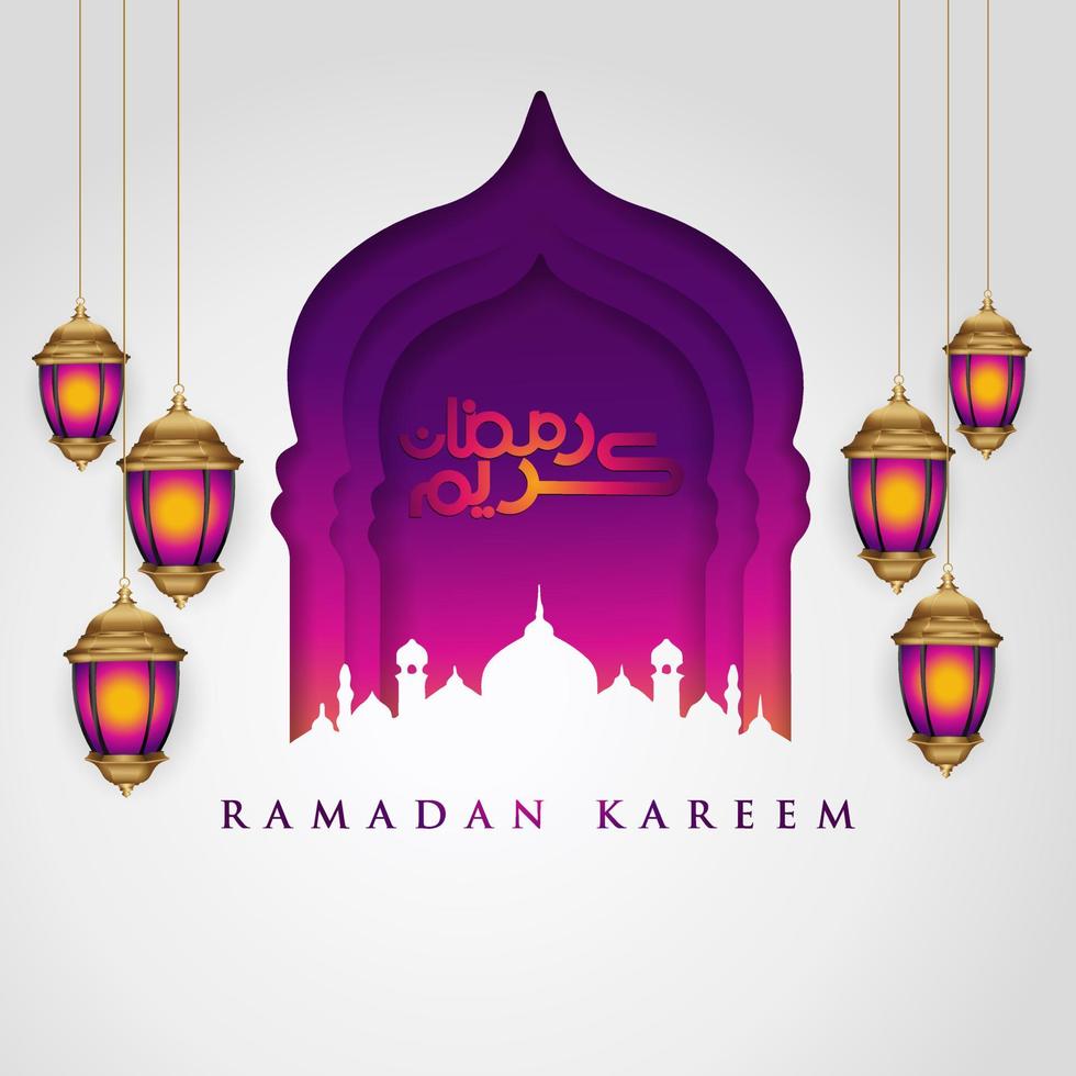 diseño lujoso y elegante ramadan kareem con caligrafía árabe, linterna tradicional y mezquita de puerta colorida de gradación para saludo islámico vector