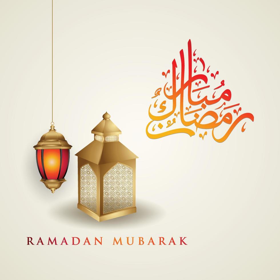 diseño lujoso y elegante ramadan kareem con caligrafía árabe, linterna tradicional y mezquita de puerta colorida de gradación para saludo islámico vector