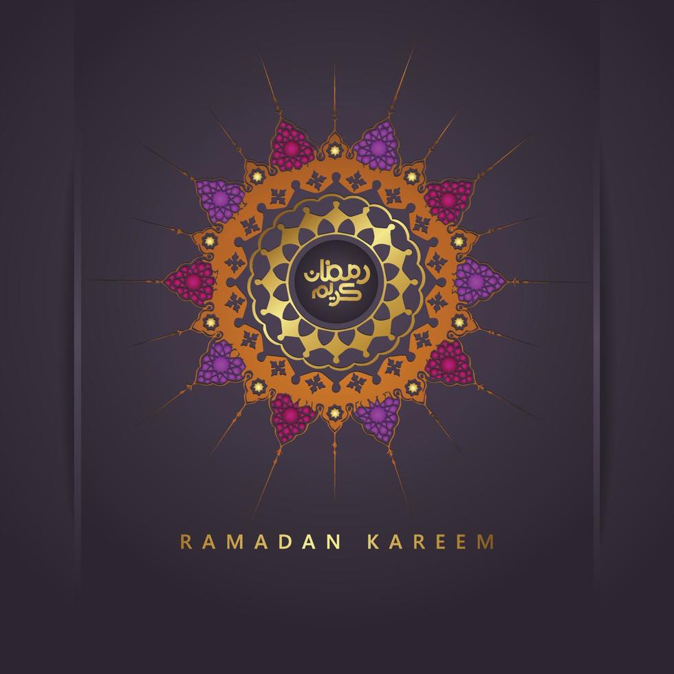 diseño lujoso ramadan kareem con caligrafía árabe y fondo de ornamento de arte islámico de mosaico floral circular. vector