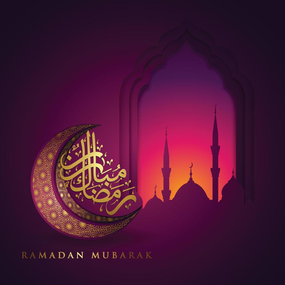 diseño lujoso y elegante ramadan kareem con caligrafía árabe, linterna tradicional y mezquita de puerta colorida de gradación para saludo islámico vector