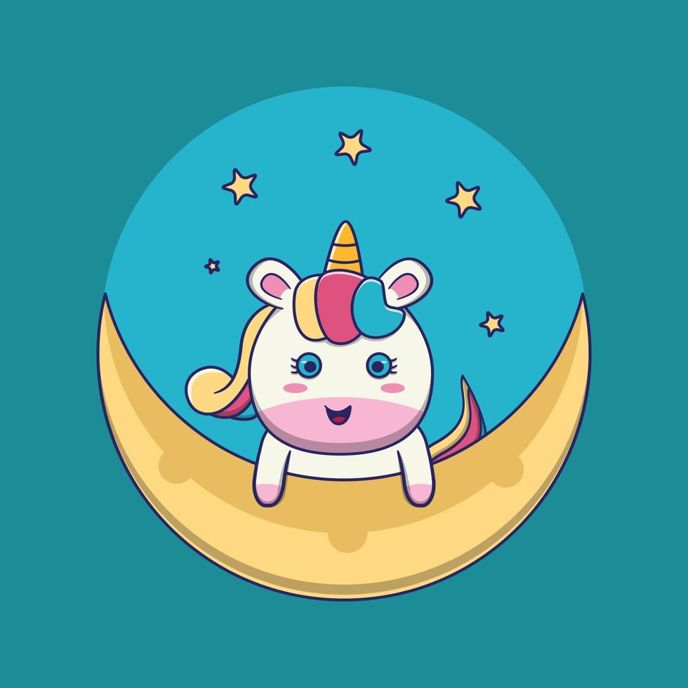 cute unicorn is on the moon, suitable for children's books, birthday cards, valentine's day, stickers, book covers, greeting cards, printing. vector