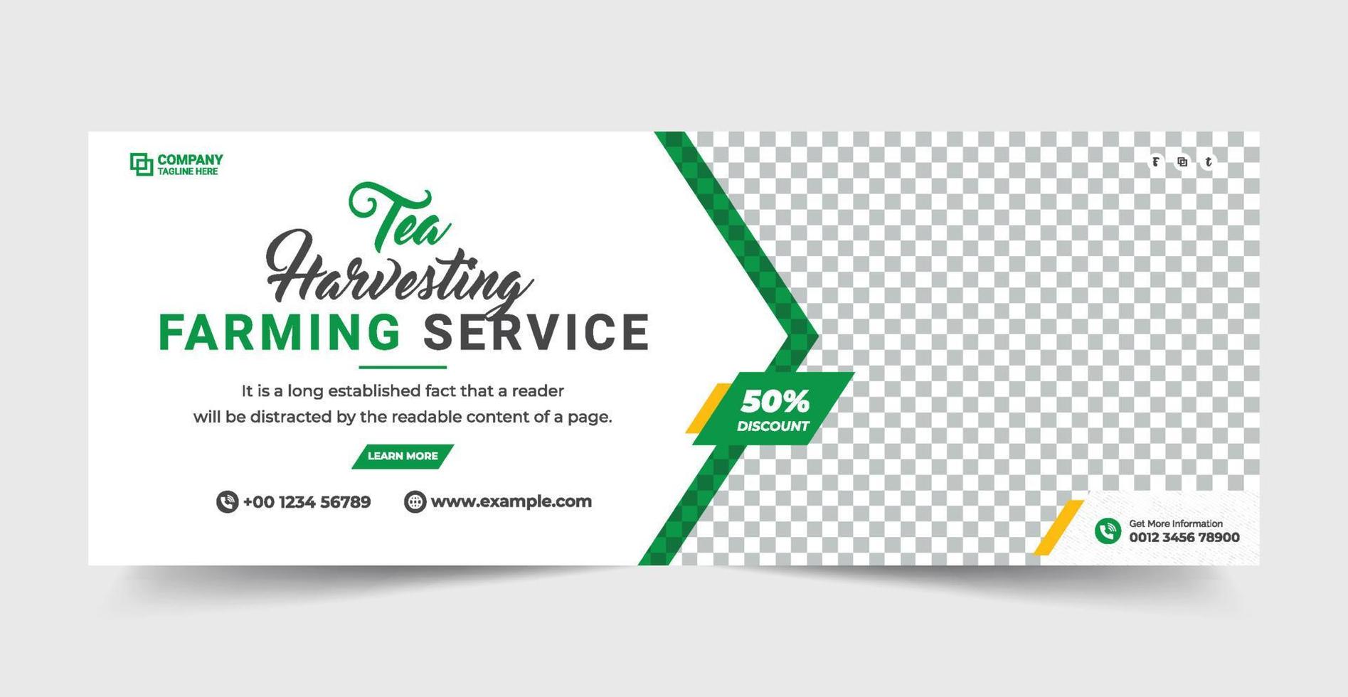 Tea harvesting farming service social media banner. Agro farm template. Tea farming service flyer template. Gardening service banner. Organic farm template. Lawn garden and farming service banner. vector