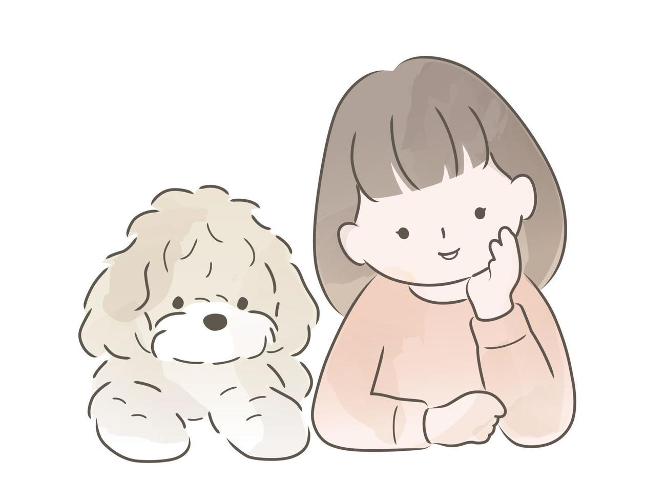 acuarela linda chica con su perro aislado en un fondo blanco. ilustración vectorial ingenua. vector