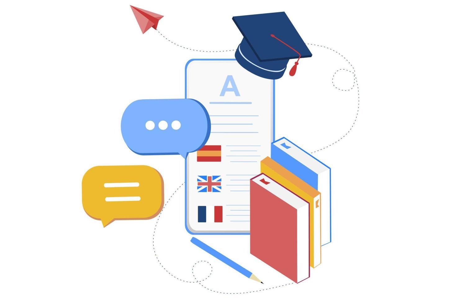 Modern 3D isometric of online languages learning, language courses banner template for website and mobile development. Literal translation, personal assistant, e-learning concept. Vector illustration.