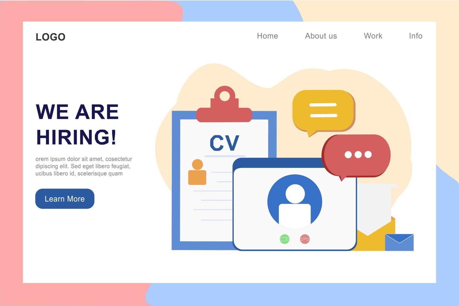 Recruitment agency landing page template. Online job interview, hiring employment process, choosing candidate, searching job concept. CV, resume and vacant. 3D vector illustration for web banner.