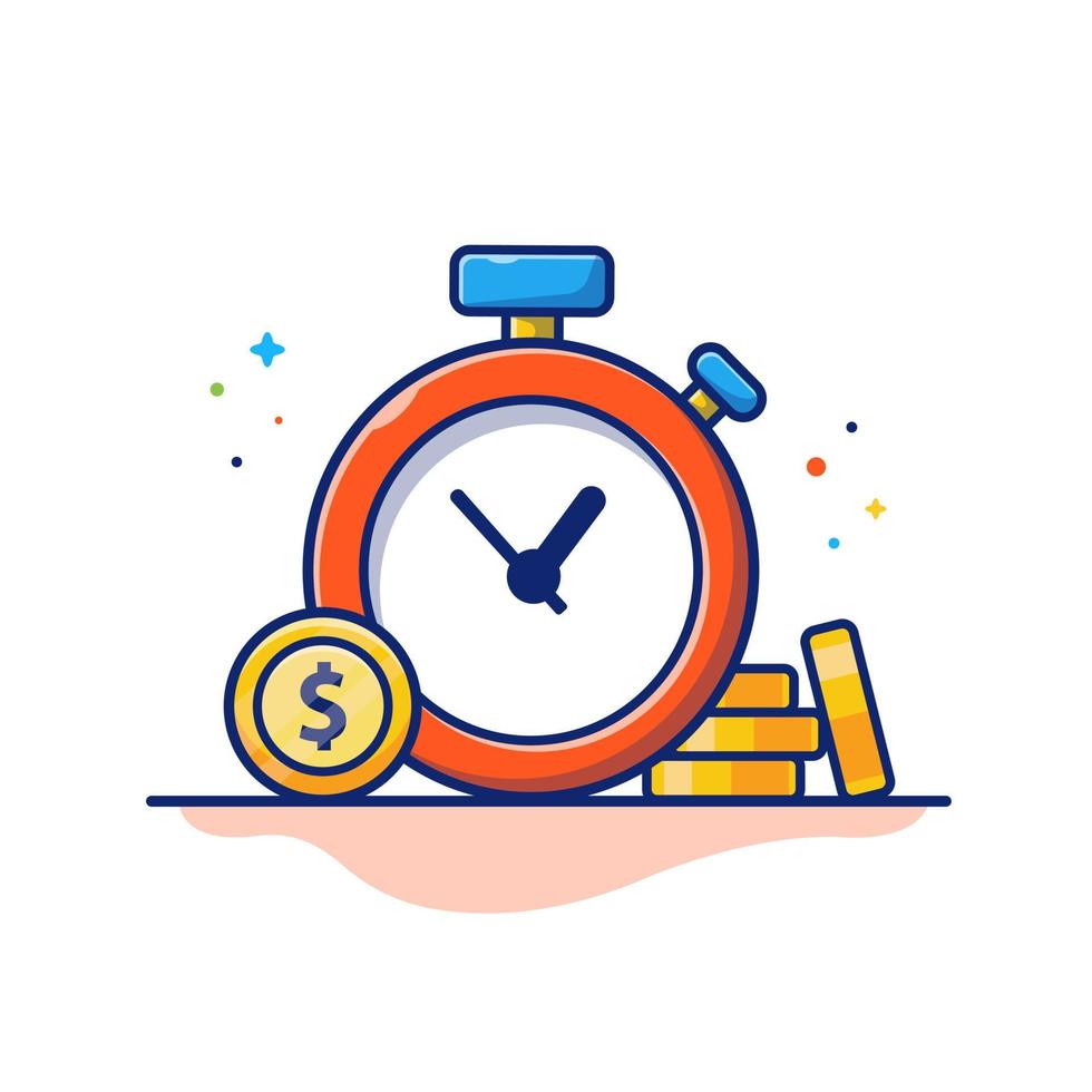 ilustración de icono de vector de dibujos animados de moneda de oro y cronómetro. concepto de icono de finanzas empresariales vector premium aislado. estilo de dibujos animados plana