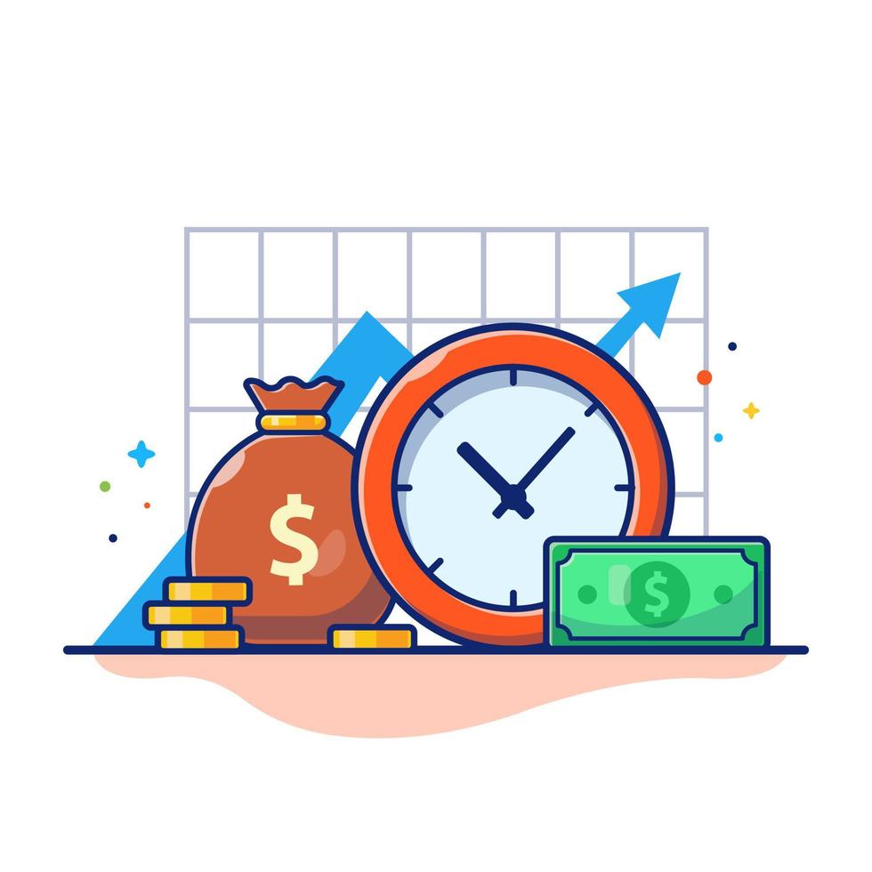 Clock With Coin Money And Statistic Graph Cartoon Vector Icon  Illustration. Business Finance Icon Concept Isolated Premium Vector.  Flat Cartoon Style