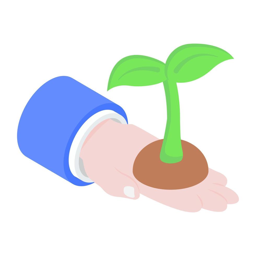 Hand holding plant, plant care conceptual isometric vector