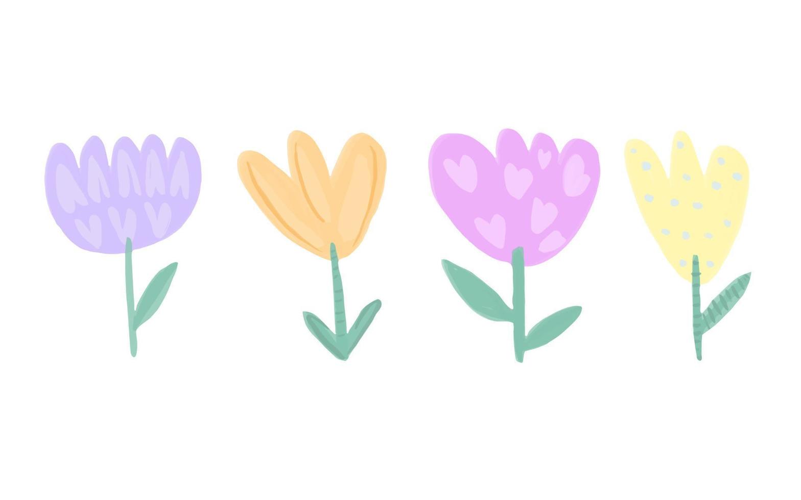 conjunto de lindas flores vectoriales. lindo diseño plano de dibujos animados. coloridos tulipanes dibujados a mano al estilo de los niños. vector