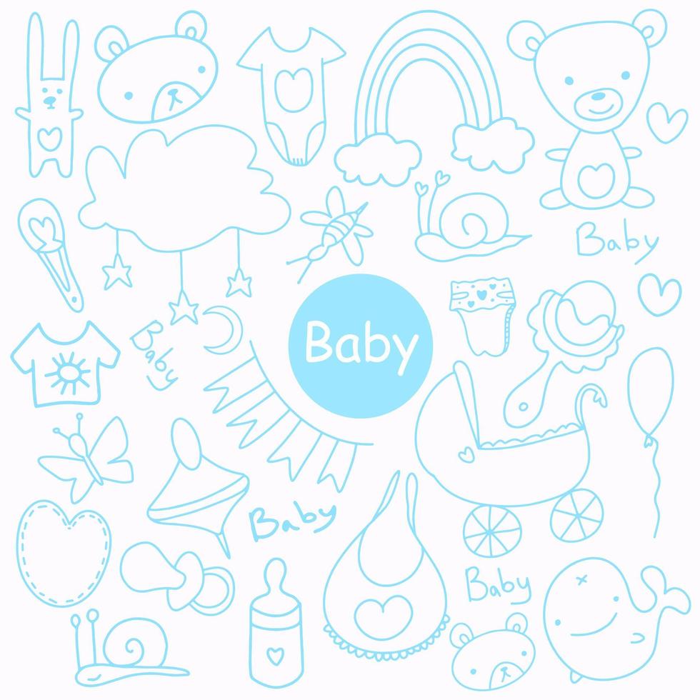 Sketchy hand drawn Doodle cartoon set of objects and symbols on the baby theme. Hand Made Design Vector New Born.