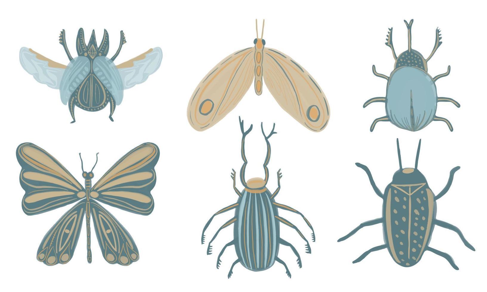 Vector Collection of hand drawn stylized magic bugs and butterflies in boho style. Collection of flying mythical insects scarab, stag beetle. Celestial beetle with skull death.