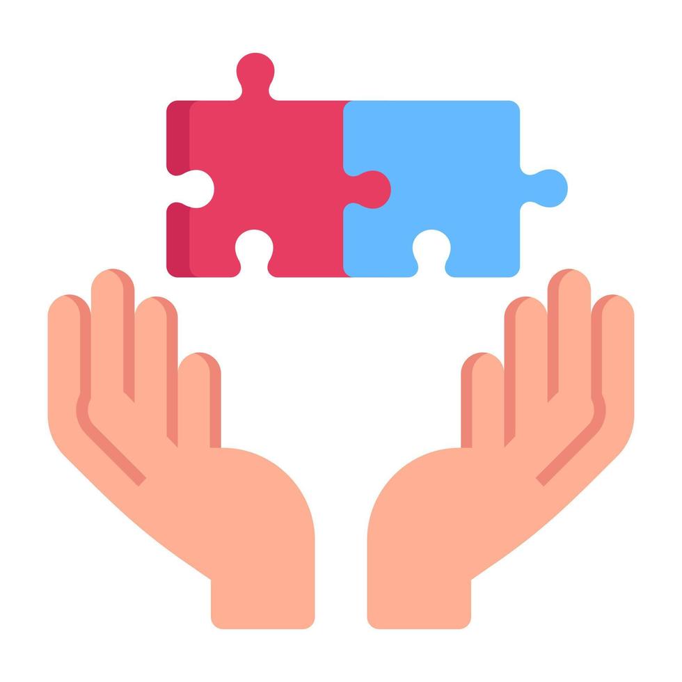 Hands and puzzle pieces, concept of solution flat icon vector