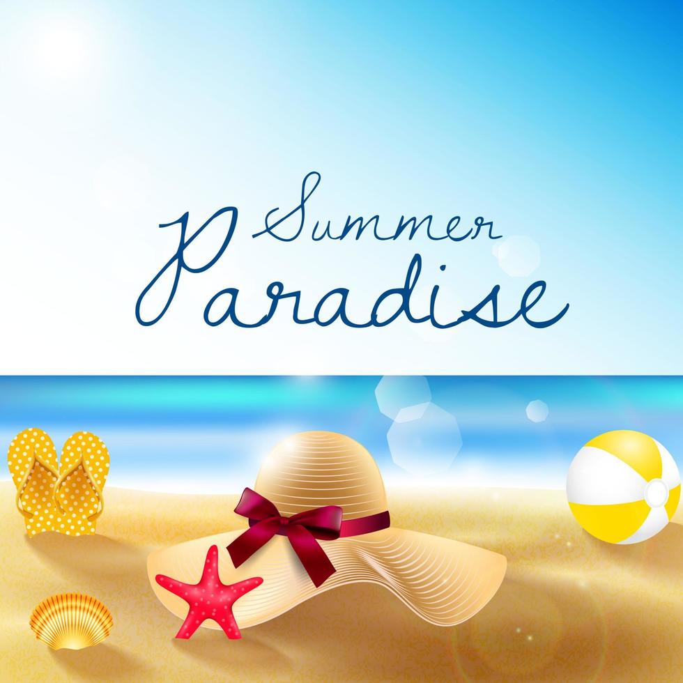 playa de verano de playa de arena, sombrero de paja, sandalias, voleibol de playa, conchas y estrellas de mar.vector vector