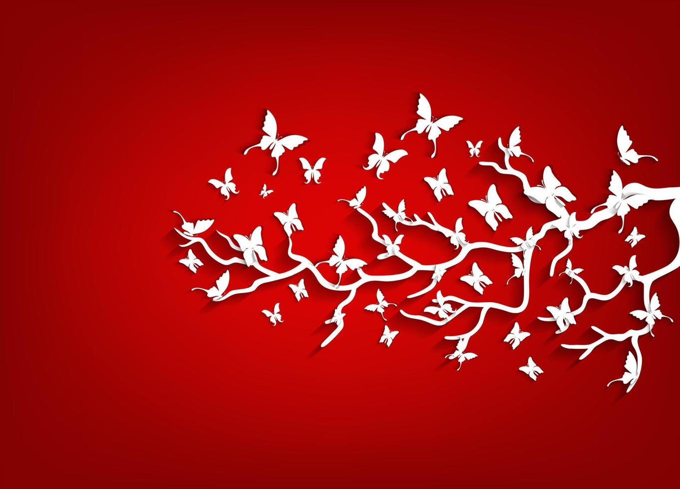 árbol de papel y mariposas sobre fondo rojo vector