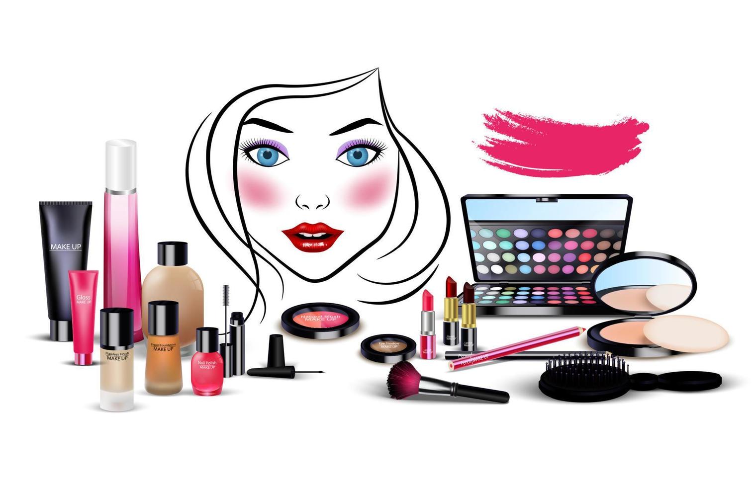 conjunto de cosméticos con cara de mujer hermosa sobre fondo aislado vector