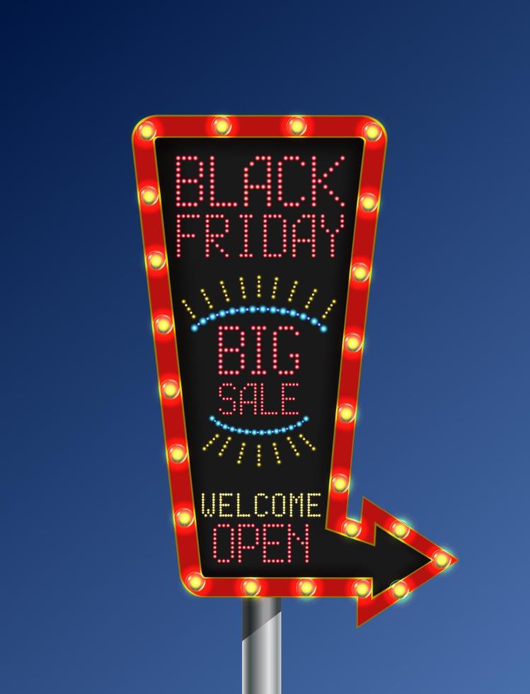 Black friday retro arrow light banner on blue background.vector vector