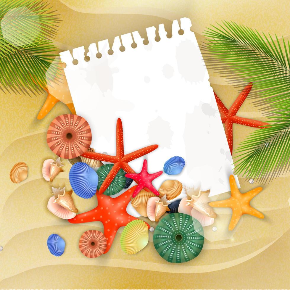 Starfish, shells and palm tree on sand background.Vector vector