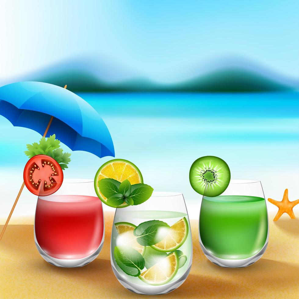Summer drinks in sand on blurred beach background vector