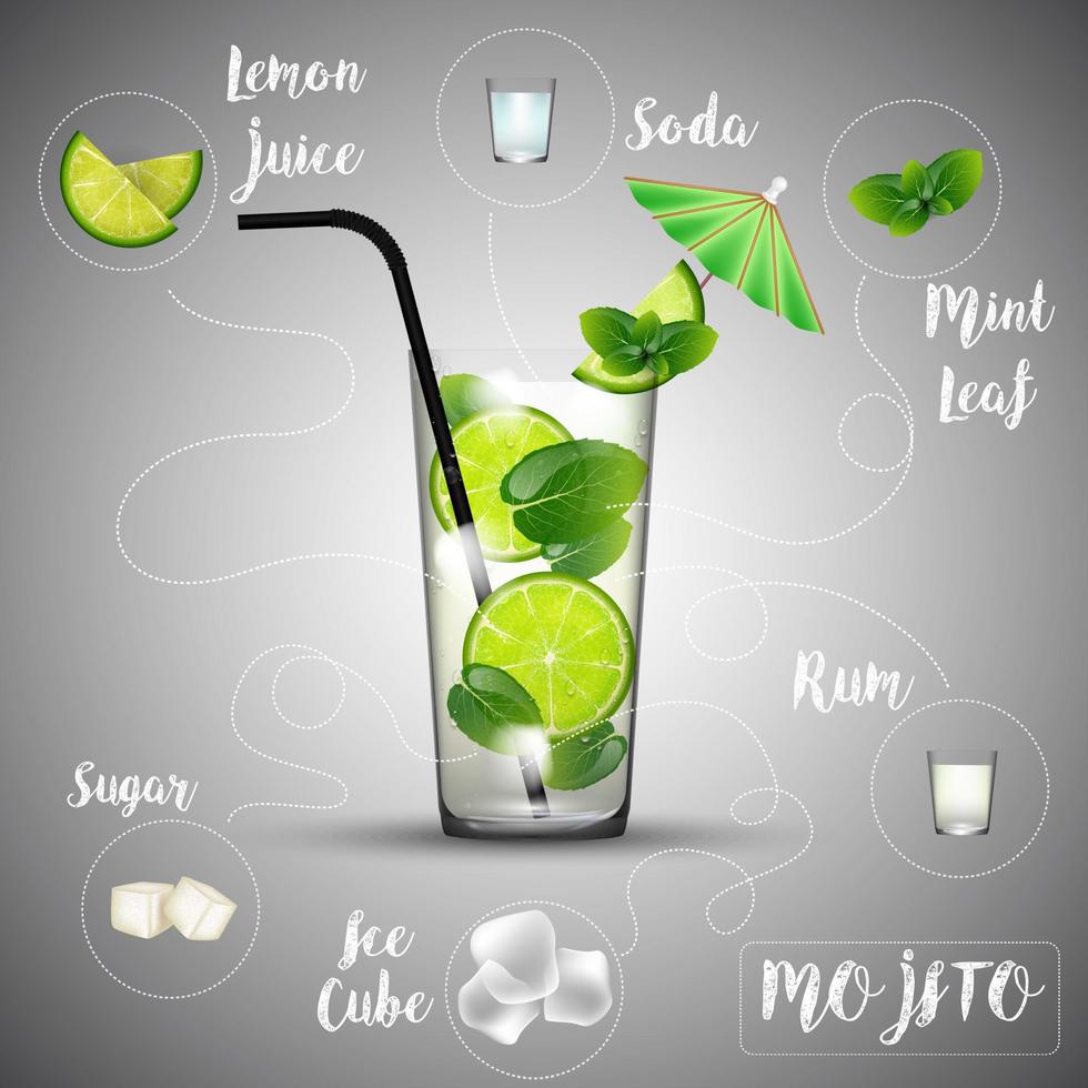 Soft cold fresh alcohol drink with ice and mint - Mojito vector