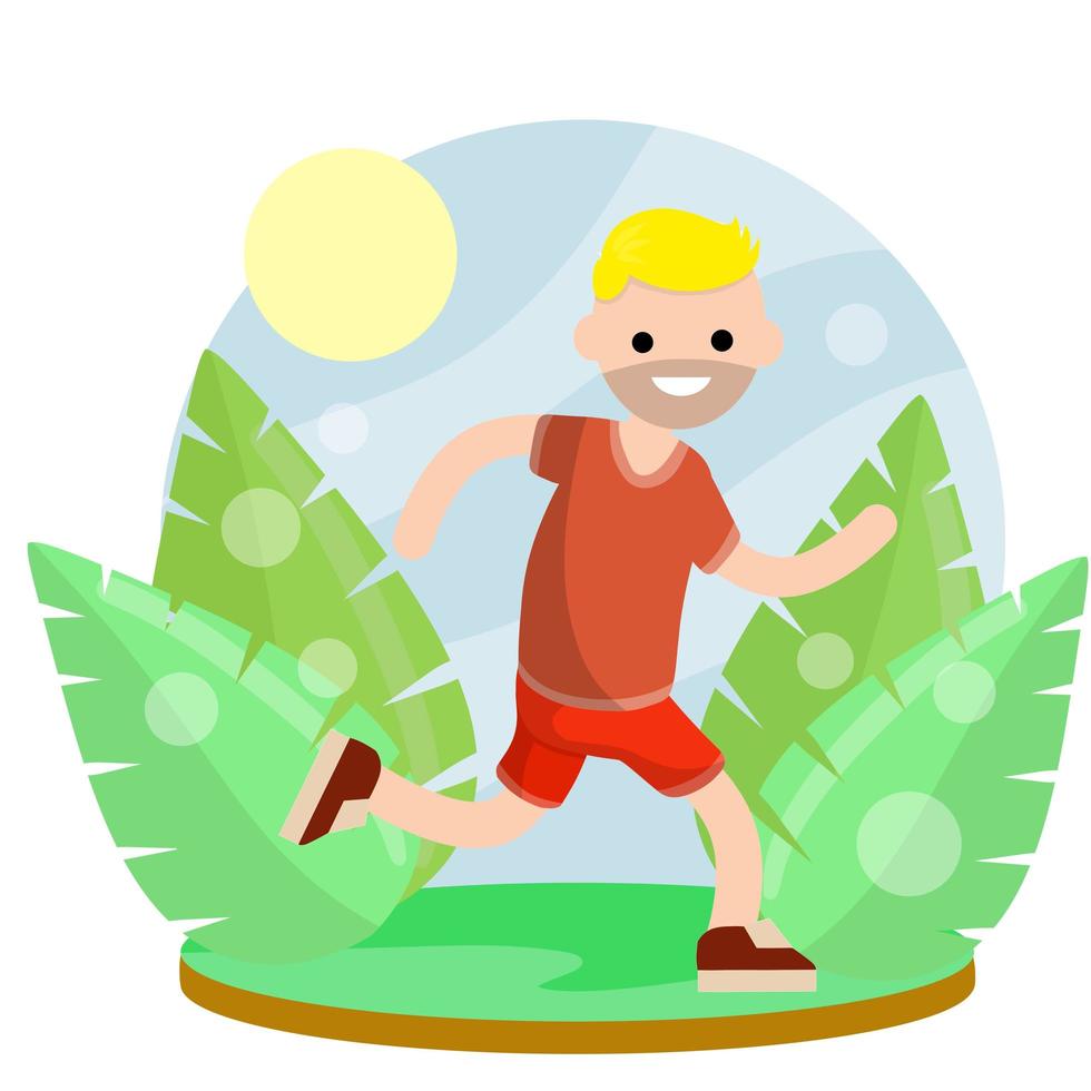 Young man in Shorts and t-shirt. Active lifestyle. Movement and walking. Cartoon flat illustration. Park and nature. Leaves of plants. Summer season. Running and sports vector