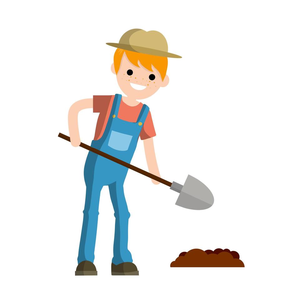 Man farmer with shovel dig ground bed. Countryside worker in jumpsuit. vector