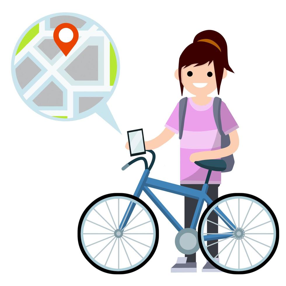 bicicleta con chica con mochila. mujer montando bicicleta. ilustración plana de dibujos animados. vector