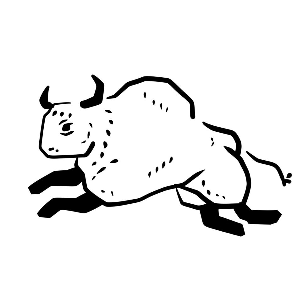 Rock art. Drawing of a bull or ox. Primitive tribal cartoon. Running animal vector