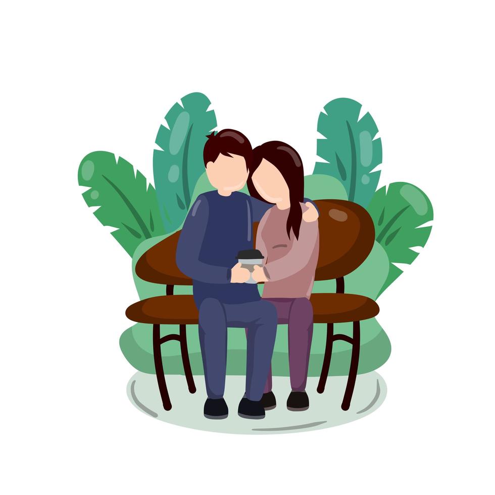 Couple in love sit in Park bench. Romantic relation. vector