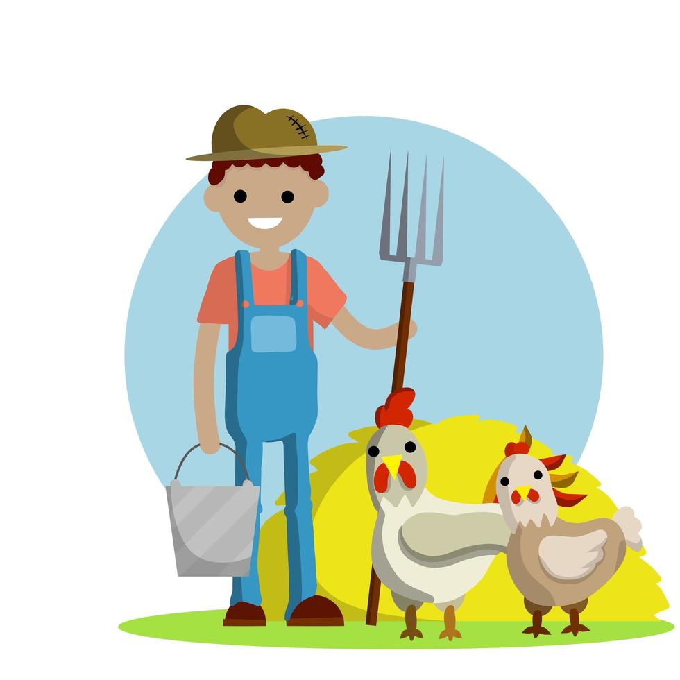 Young man in blue farmer's overalls stands with pitchfork vector