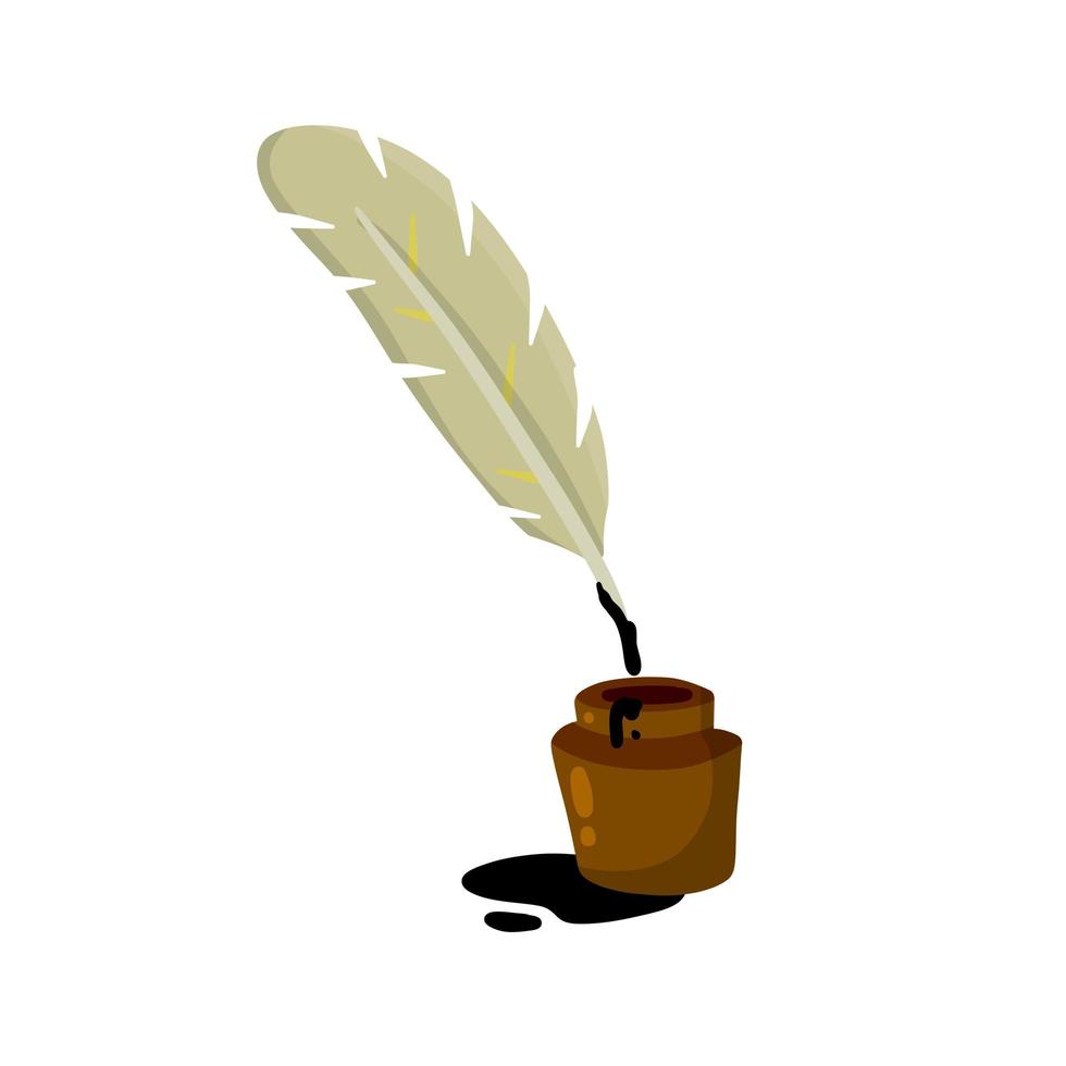 Quill pen and jar of ink. Vintage feather. vector