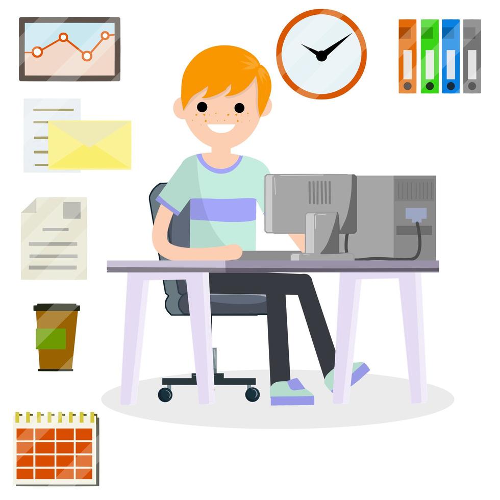 Man sitting at computer in office. Cartoon flat illustration. vector