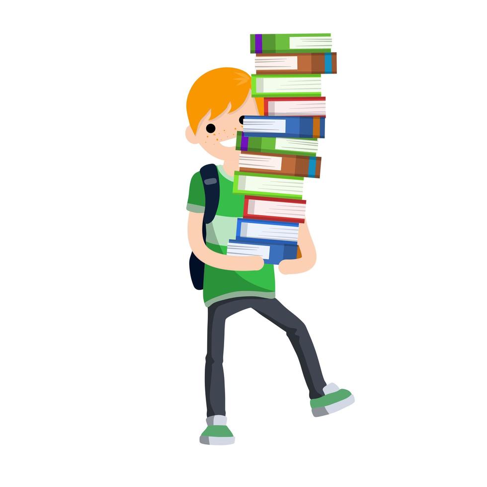 Student carries large pile of books isolated on white background vector