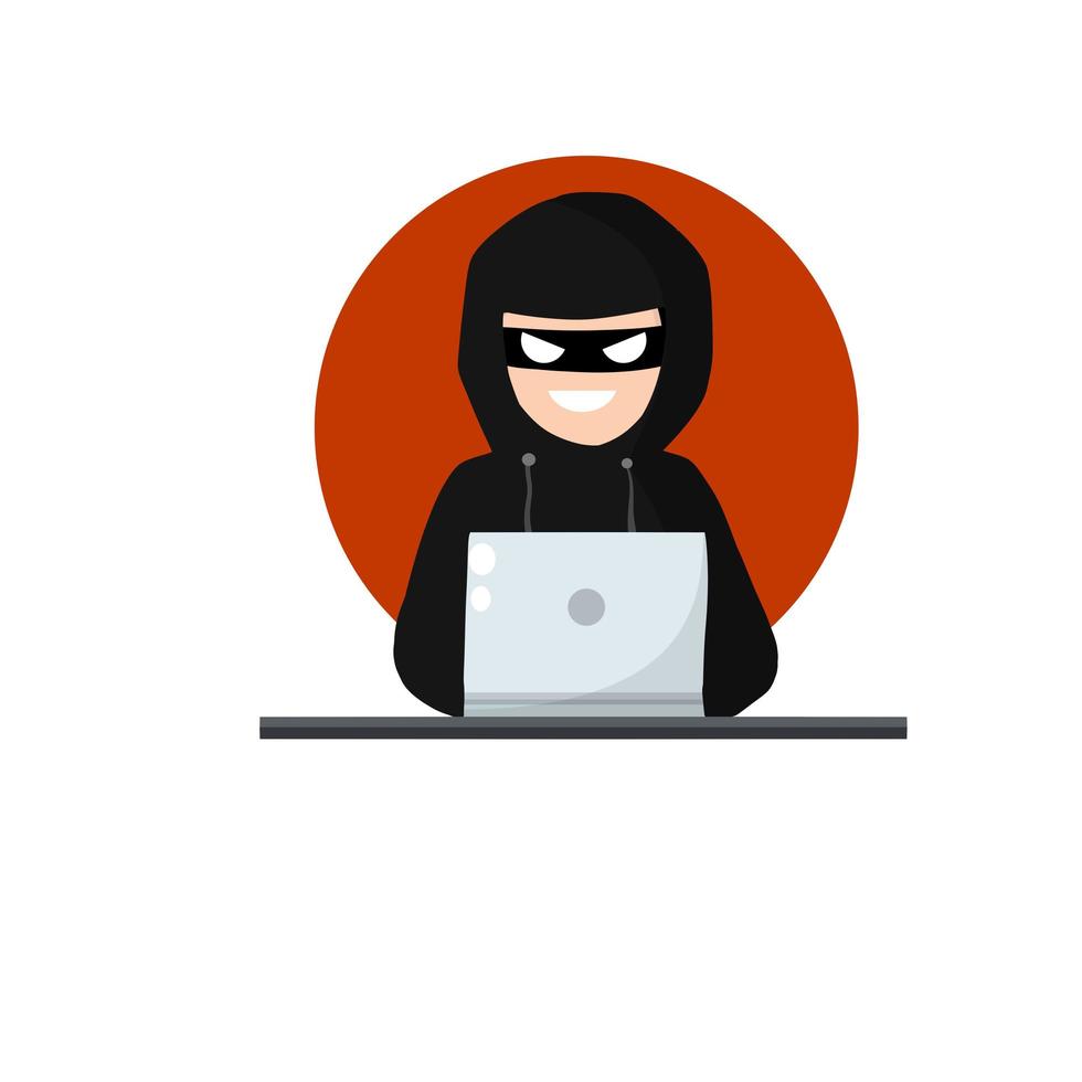 Hacker behind computer. Hacking password in laptop. man in hood. vector