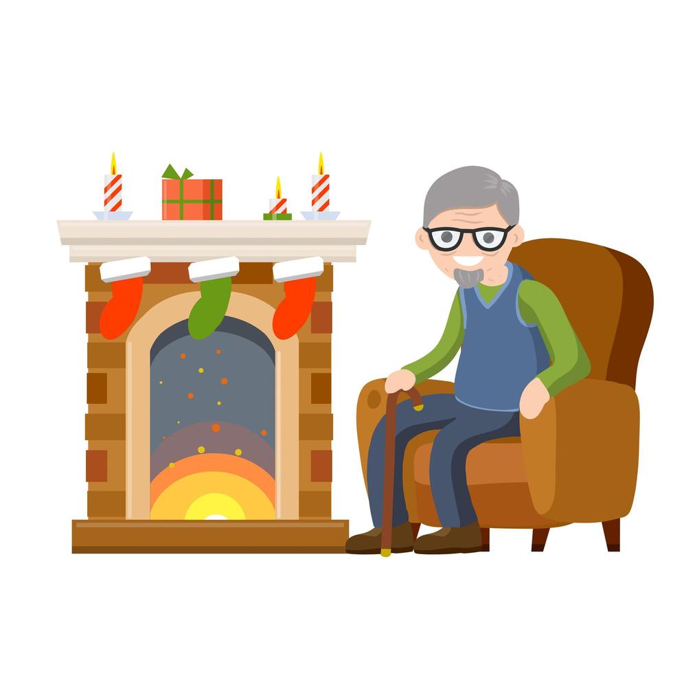 Old man sits in chair by fireplace. Grandpa in nice cozy house. vector