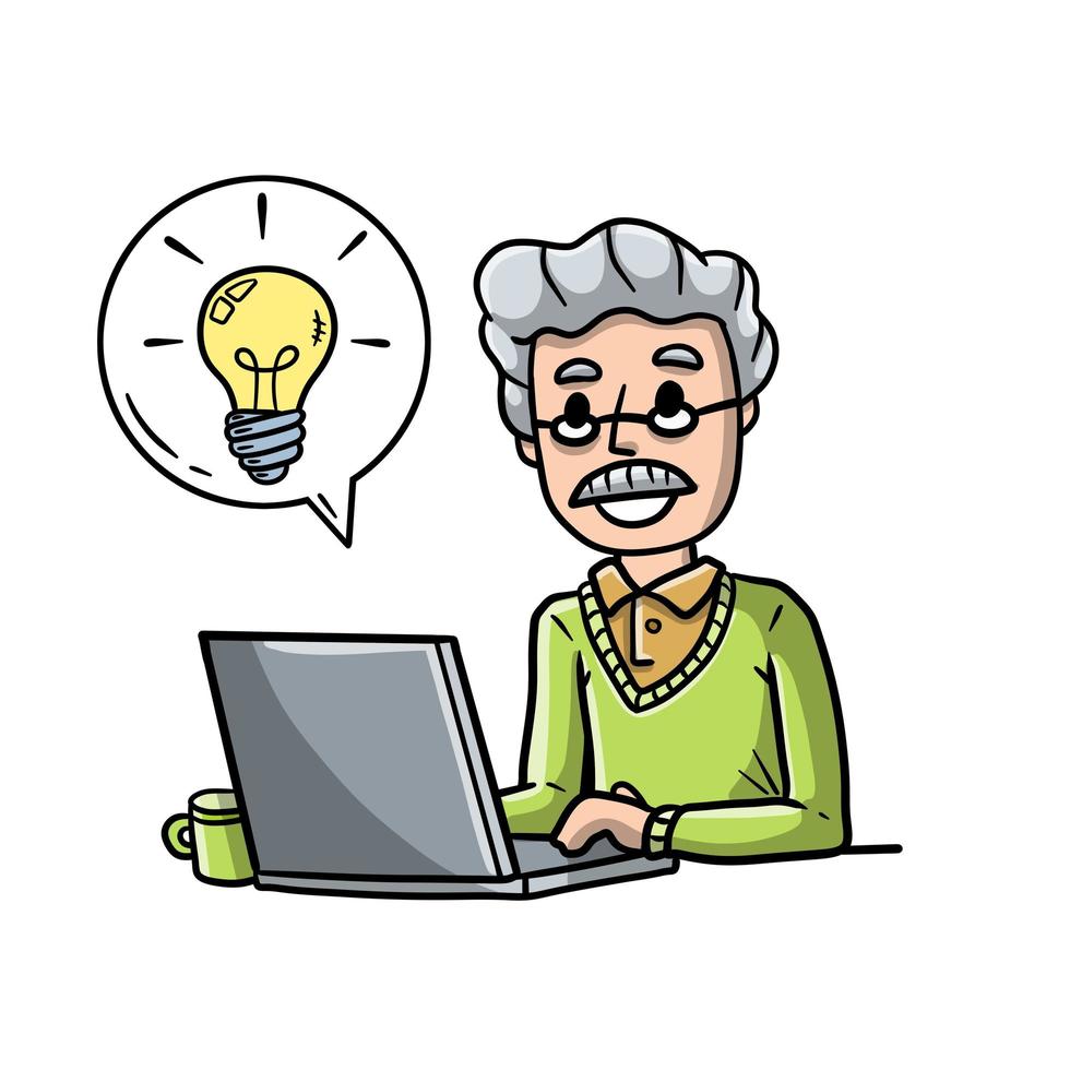 Man sitting at table with laptop. vector