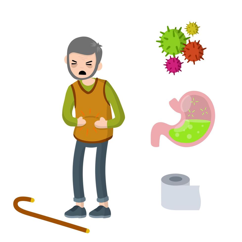 Medical assistance in case of poisoning. Old man holding belly. Poor nutrition of senior. Health problem. Diarrhea, upset stomach. Set of indigestion Icons. Toilet paper, virus, bacteria and microbe vector