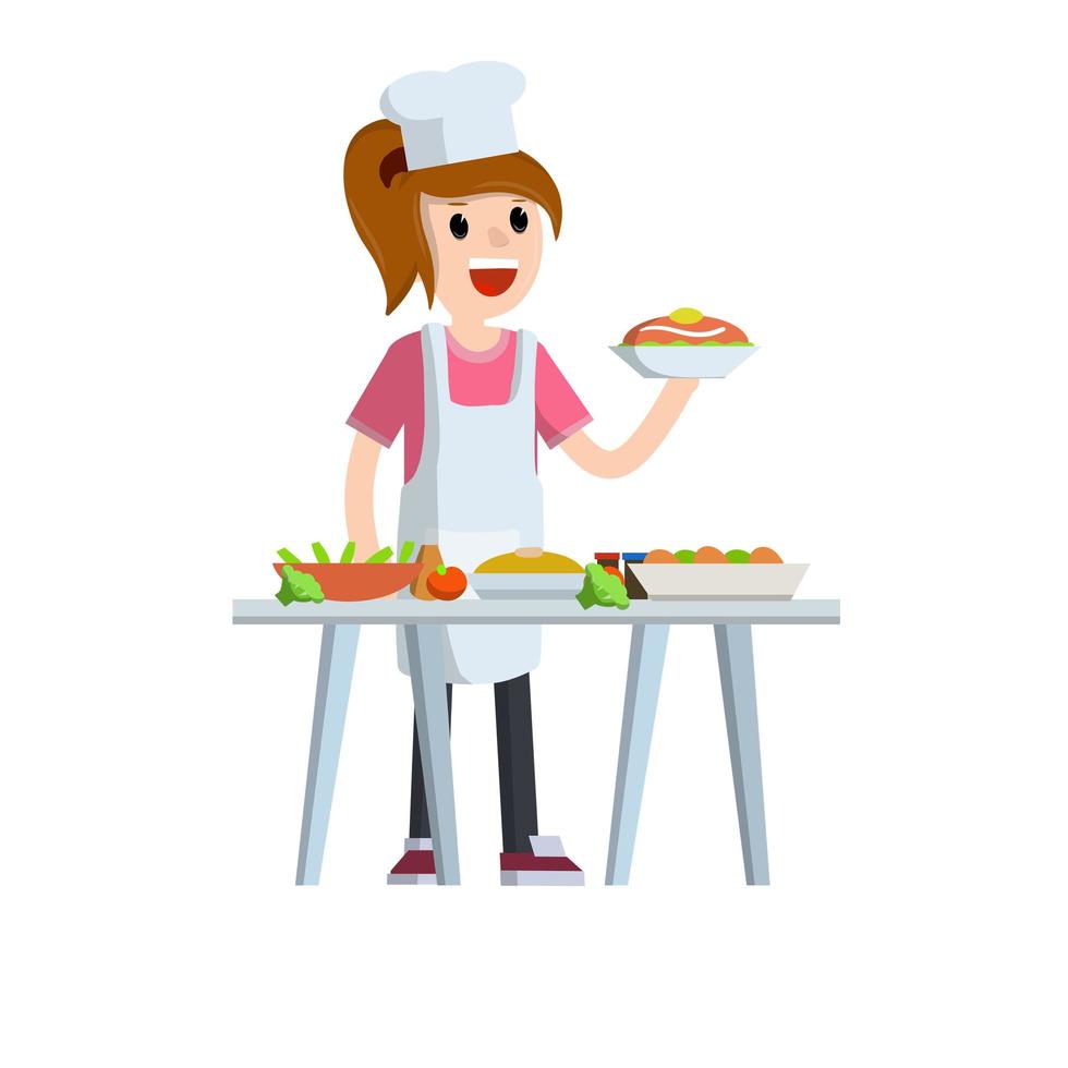 Woman cook holding platter of food. vector